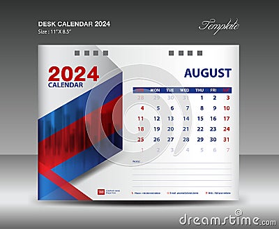 August 2024 template- Desk Calendar 2024 year template, wall calendar 2024 year, Week starts Sunday, Planner design, Stationery Vector Illustration