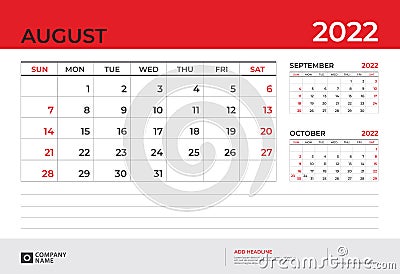 Desk Calendar 2022 design, August 2022 template, week start on sunday, Planner design, Wall calendar 2022 layout Vector Illustration