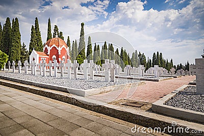 French chapel and graveyards in military cemetery in Thessaloniki Editorial Stock Photo