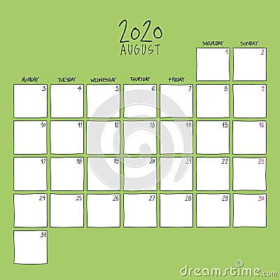 August 2020 wall calendar. Vector Illustration
