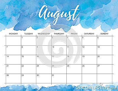 August watercolor calendar. Stock Photo