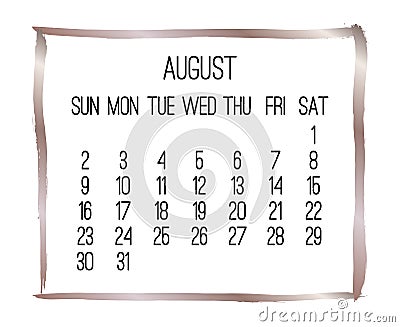 August year 2020 monthly bronze calendar Vector Illustration