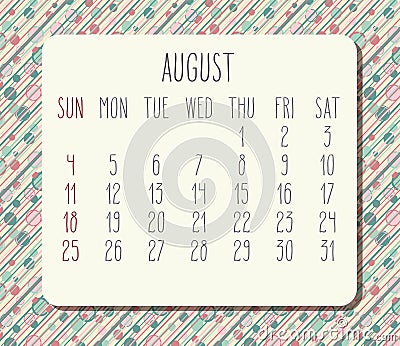 August year 2019 monthly calendar Vector Illustration