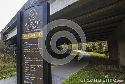 Augusta Canal Trail River Levee Trail sign Editorial Stock Photo