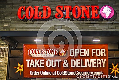 Cold Stone Ice Cream parlor entrance banner for take out Editorial Stock Photo