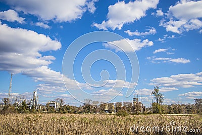 Industrial plant Scene distant view hidden by trees Editorial Stock Photo