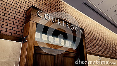 interior tilt courtroom door and seating benches dark color grade Stock Photo