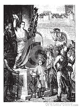 Augustus presented to the members of the three provinces of Gaul Celtic, meeting in Lyon, vintage engraving Vector Illustration