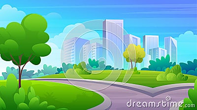 City park with green yard, trees, grass and City skyline, cartoon public garden landscape Stock Photo