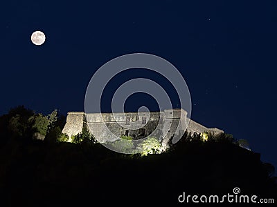 Aulla Brunella fortress landmark by night. Lunigiana, Italy. Editorial Stock Photo