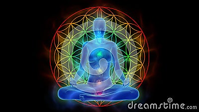 Aura, chakraactivering, verlichting van mening in meditatie, symboolbloem van het leven royalty-vrije illustratie Aura, chakraactivering, verlichting van mening in meditatie, symboolbloem van het leven royalty-vrije illustratie