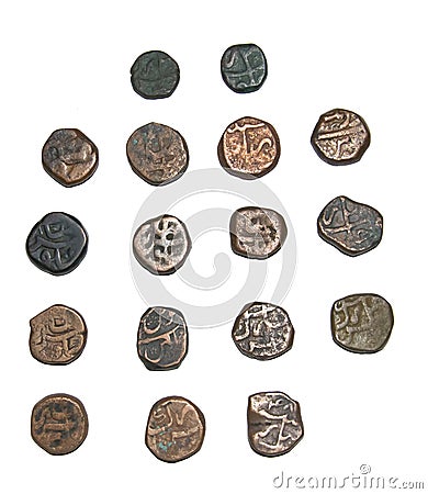 Aurangzeb Alamgir Copper Coins of Surat Narnol Singhana Hyderabad Mints Reverse Stock Photo