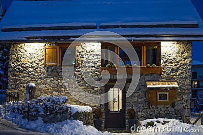 Auron, France - 28.12.2020: Cottage in Auron in snow winter, Alps in the South of France. Editorial Stock Photo