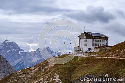 Auronzo refuge and Cadini di Misurina range Stock Photo