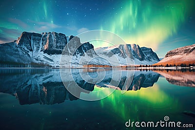 aurora above a calm lake surrounded by dark mountains Stock Photo