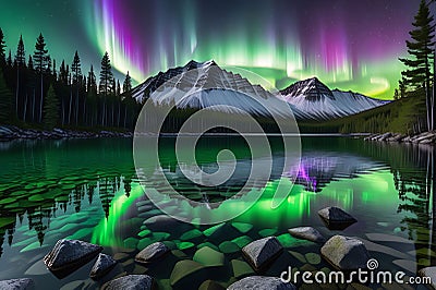 Aurora Borealis Cast Over a Crystal Clear Mountain Lake: Intense Greens and Purples Mirrored in the Tranquil Waters Stock Photo