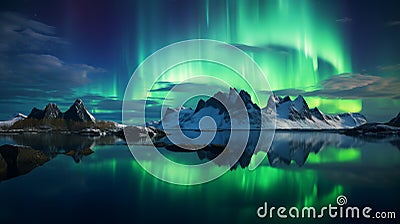 Captivating Green Aurora Reflecting Off Water And Mountains Stock Photo