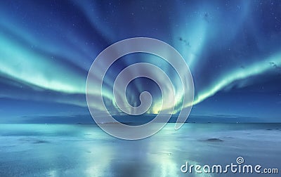 Aurora borealis on the Lofoten islands, Norway. Green northern lights above mountains. Night sky with polar lights. Night winter l Editorial Stock Photo