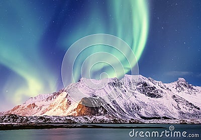 Aurora borealis on the Lofoten islands, Norway. Green northern lights above mountains. Night sky with polar lights. Night winter l Stock Photo