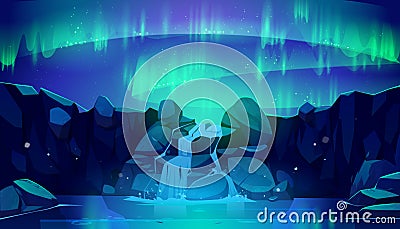 Aurora borealis in night sky and waterfall Vector Illustration