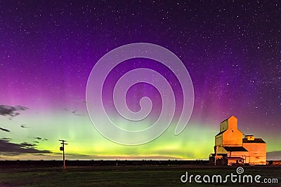 Aurora Borealis Northern Lights over Grain Elevator in Pennant, Saskatchewan Stock Photo