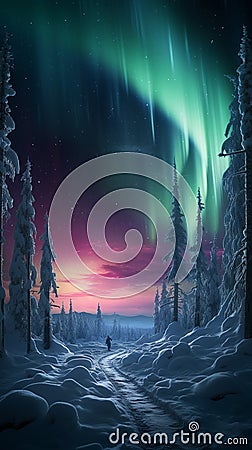 Aurora borealis northern lights over snowy mountains with stars in the night forest. Skier goes down from mountain. AI Stock Photo