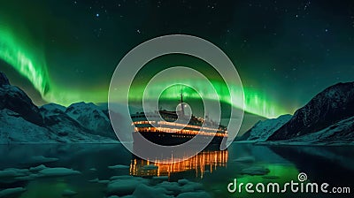 Aurora borealis over fjord landscape with cruise ship. Generative AI Stock Photo