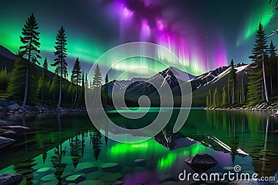 Aurora Borealis over a Pristine Mountain Lake: Reflection in the Still Water, Vivid Greens and Purples Illuminate the Night Stock Photo