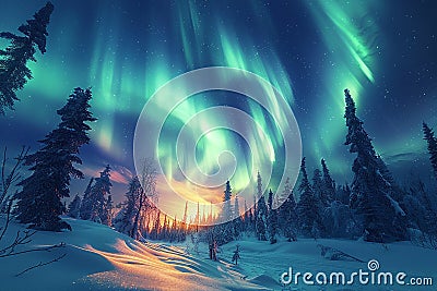 The Aurora Borealis swirling above a silent forest Stock Photo