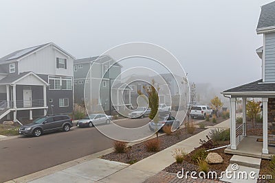 Aurora, Colorado - late fall foggy morning in the newly constructed neighborhood Stock Photo