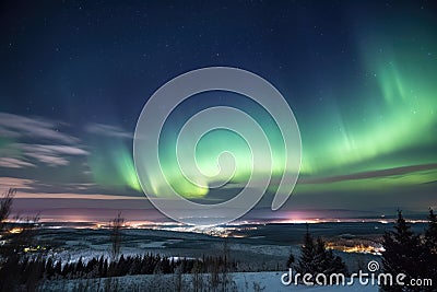 aurora dancing across starry night sky, with view of distant town visible in the foreground Stock Photo