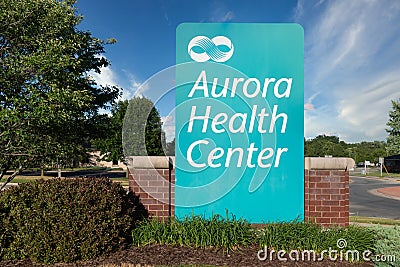 Aurora Health Center Exterior Sign and Trademark Logo Editorial Stock Photo