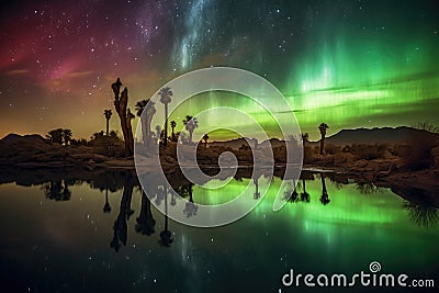aurora reflecting in desert oasis at night Stock Photo