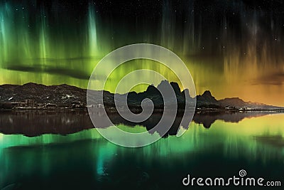 aurora reflecting on liquid methane lakes of titan Stock Photo
