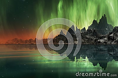 aurora reflecting on liquid methane lakes of titan Stock Photo