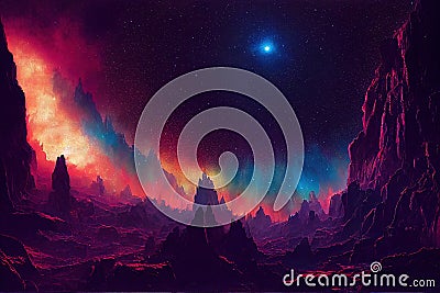 Aurora Starry Night. Sky of Mountain North Pole Lake. Fantasy Backdrop Concept Art Realistic Illustration. Stock Photo