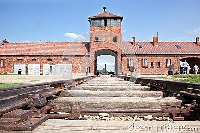 Auschwitz Birkenau main entrance with railways. Editorial Stock Photo