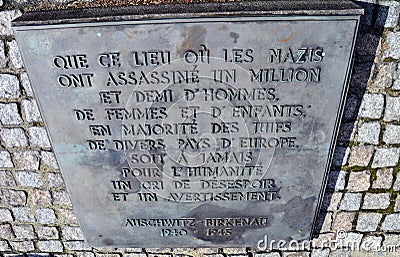 Auschwitz concentration camp sign in french to the dead people Editorial Stock Photo