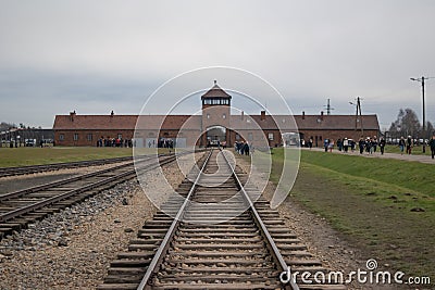 Auschwitz-Birkenau railway lines on a cold gray winter day Editorial Stock Photo