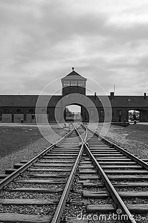 The main entrance to Auschwitz Birkenau Nazi Concentration Camp showing the train tracks used to bring Jews to their death Editorial Stock Photo