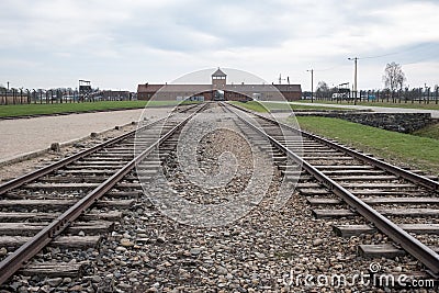 The main entrance to Auschwitz Birkenau Nazi Concentration Camp showing the train tracks used to bring Jews to their death Editorial Stock Photo