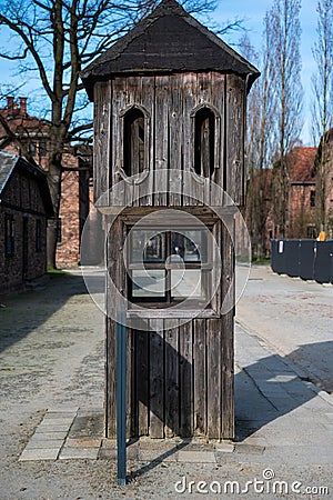 Auschwitz, Poland - Wooden roll call tower at the concentration camp Editorial Stock Photo