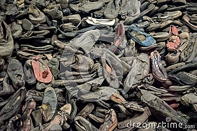 Shoes in Auschwitz. A stack of shoes of people killed in the Auschwitz-Birkenau death camp Editorial Stock Photo