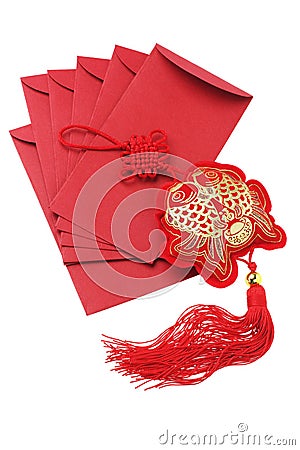 Auspicious Fish Ornament And Red Packets Stock Photo