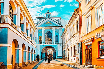 Ausros gate gate of dawn with basilica of Madonna Ostrobramska in Vilnius Editorial Stock Photo