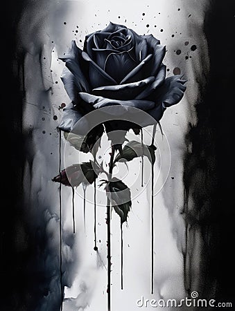 An austere stilllife painting of a single black rose a single drop of dripping off of its petals. Gothic art. AI Stock Photo