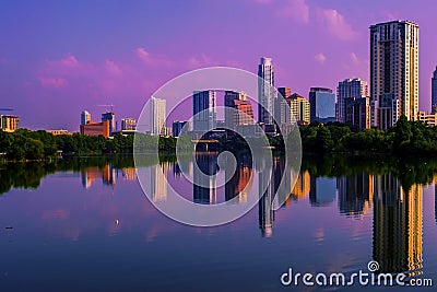 Austin Sunrise Reflections Skyline Cityscape Stock Photo