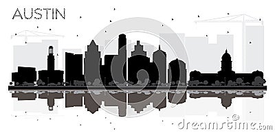 Austin Texas City skyline black and white silhouette with Reflections. Cartoon Illustration