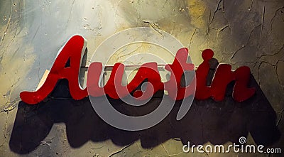 Austin Texas Metal Sign Hanging on Textured Wall Stock Photo