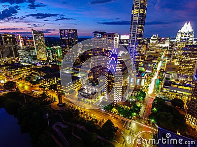 Austin Texas Night time Cityscape Over Downtown Skyscrapers Stock Photo